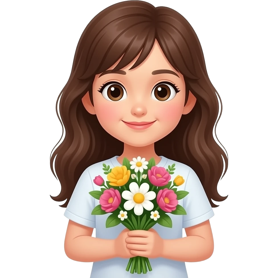 young cute girl holding flowers bouquet with both hands emoji