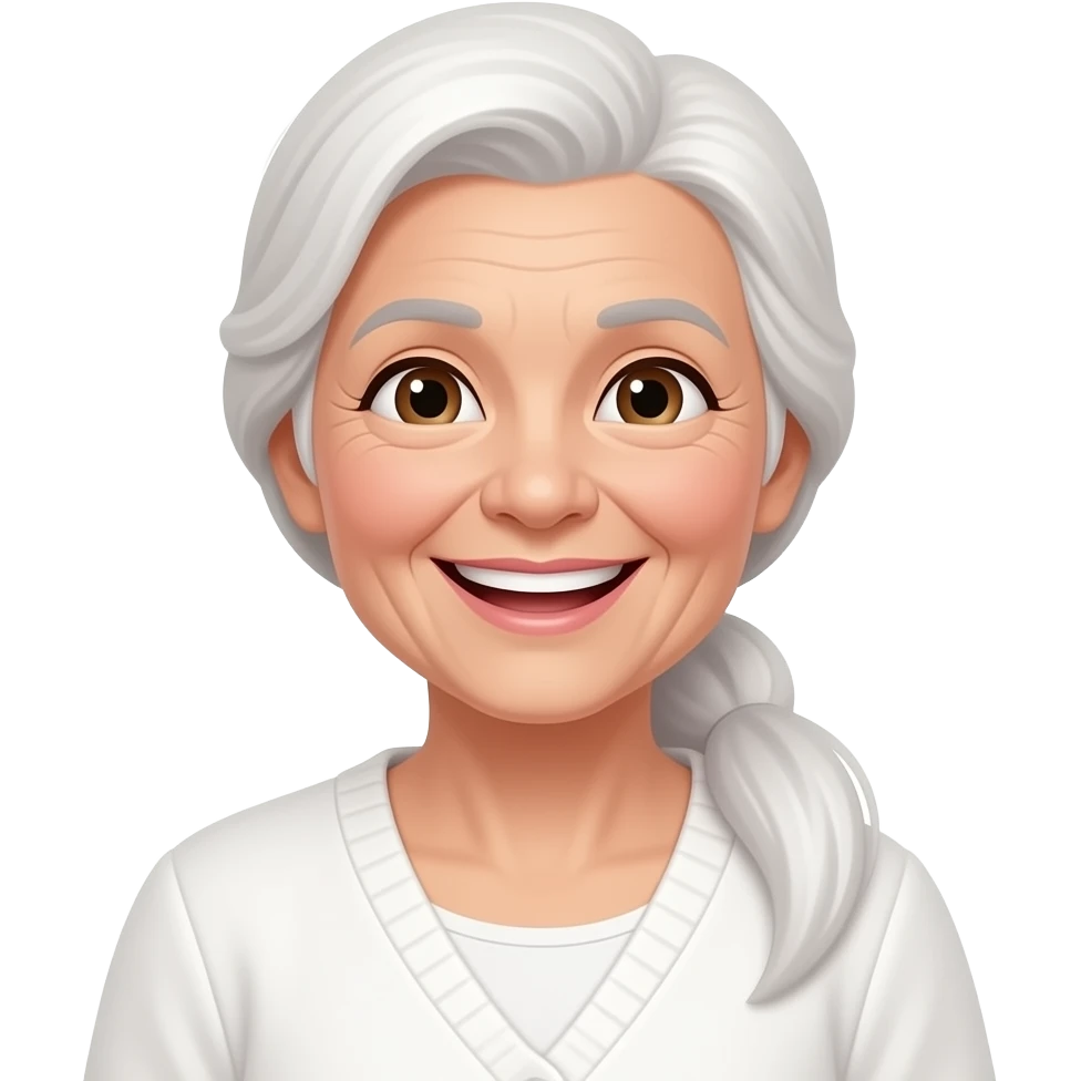 "An old lady with her long white hair gathered into a ponytail is beaming with a bright smile. emoji
