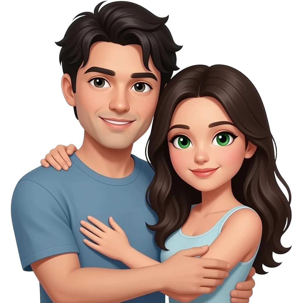 Dark haired with sweeping bangs guy hugging a dark hair girl with green eyed emoji