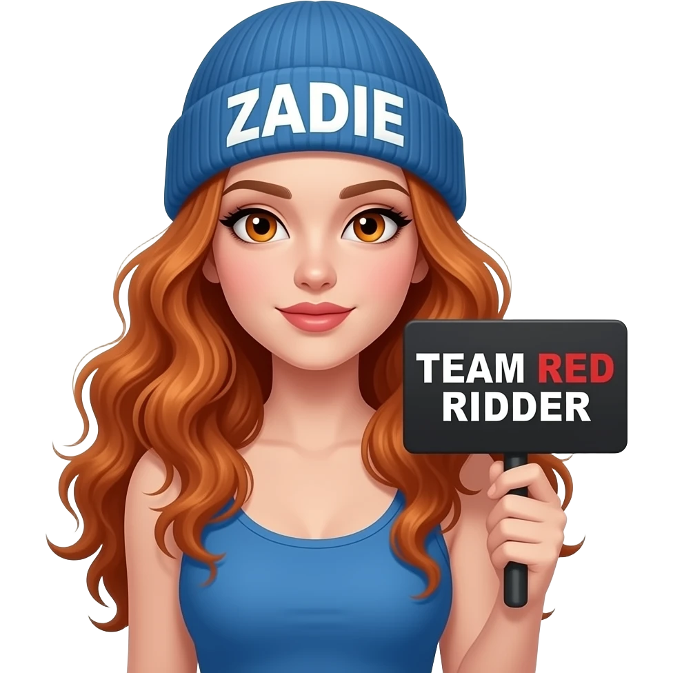 sexy girl with overlong wavy ginger hair and ginger eyes wearing a blue tanktop and a blue beanie with ZADIE written on is holding a black sign with just TEAM RED RIDER on it emoji