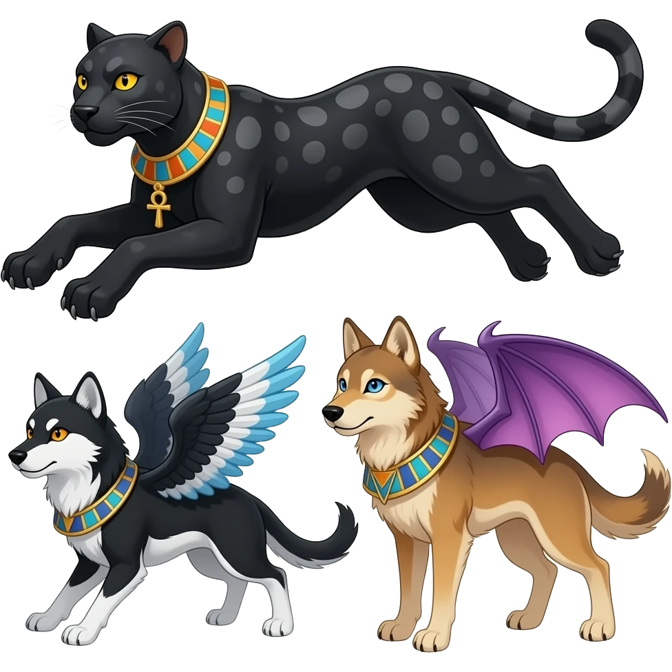 an egyptian black panther leaping playfully with dark grey markings in its black fur and golden yellow eyes. an ankh necklace around its neck. Leaping at a russet wolf with black white and blue crow wings and orange eyes and a tan wolf with purplish draconic succubi wings and blue eyes emoji