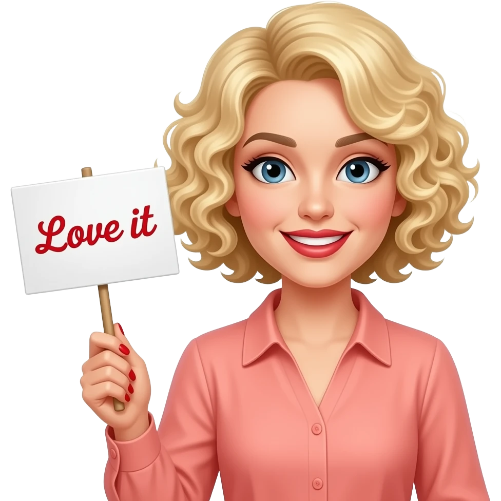 Short blond hair in spiral curls with a love it sign with red nails in a peach blouse in red lipstick emoji