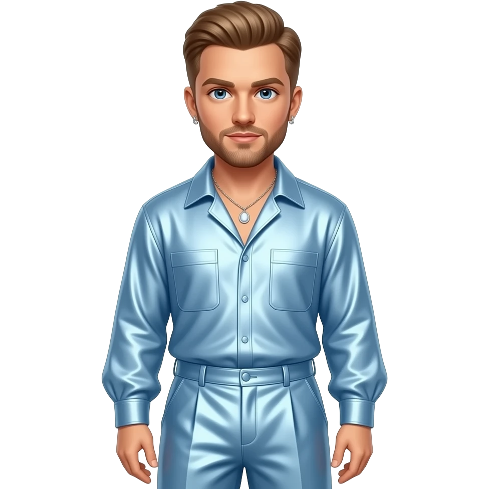 Justin Timberlake with blue eyes, light brown hair, baby blue metallic blouse, baby blue metallic baggy pants, necklace and earrings emoji