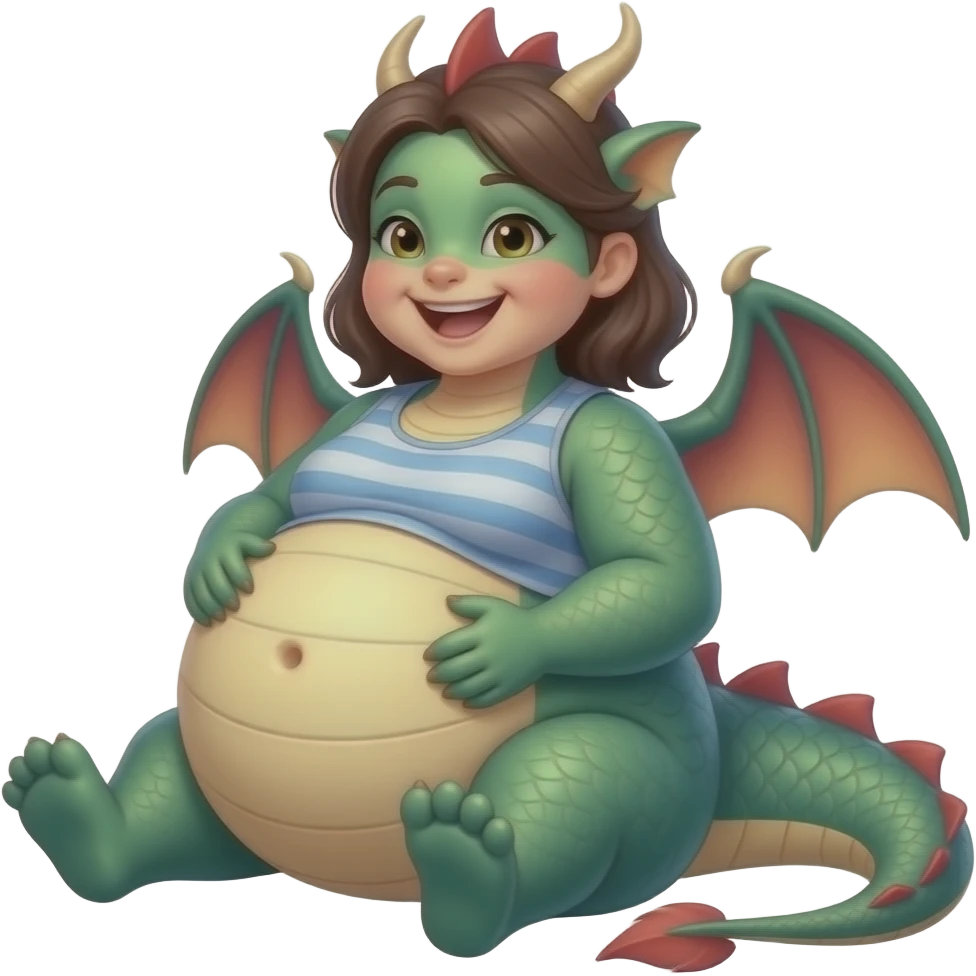 A lounging girl dragon,so fat & full that her heavy big round tummy looks pregnant,she is so bloated,how about a gentle tickle rub on her sensitive bellybutton to make her proudly giggle,what a fatty. emoji