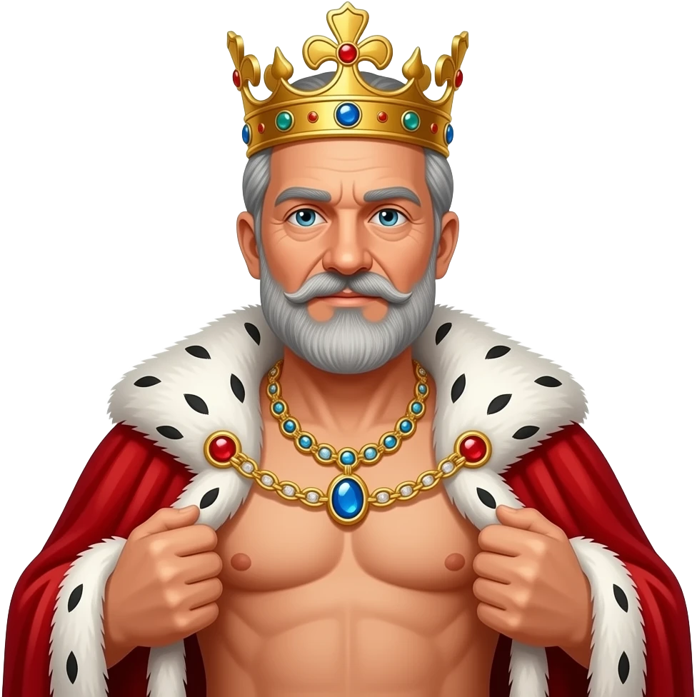 Portrait von einem König um die 40 mit leicht grauen Strähnen in den Haaren und Bart. er trägt eine prunkvolle königliche krone und Goldkette mit Edelsteinen. Er hat kein Hemd an und öffnet sein roten samt Umhang mit weißen Pelz weit. emoji