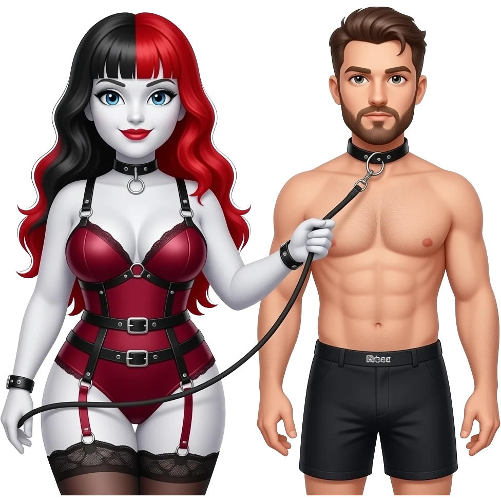 Dominatrix wearing a darkred  bdsm style harness lingerie. White skin, chubby, dark Make the girl have long red and black hair and male partner in boxers getting walked on a leash collar on neck with goatee facial hair emoji