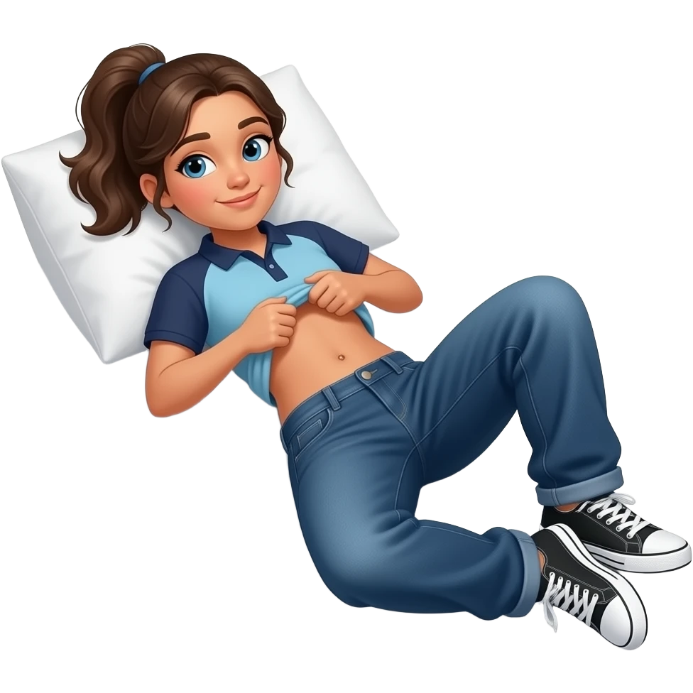 Hispanic girl with brown ponytail and blue eyes light blue and dark blue polo and dark blue baggy jeans and white and black sneakers and belly button laying down on her pillow on her bed lifting her shirt doing a belly rub emoji