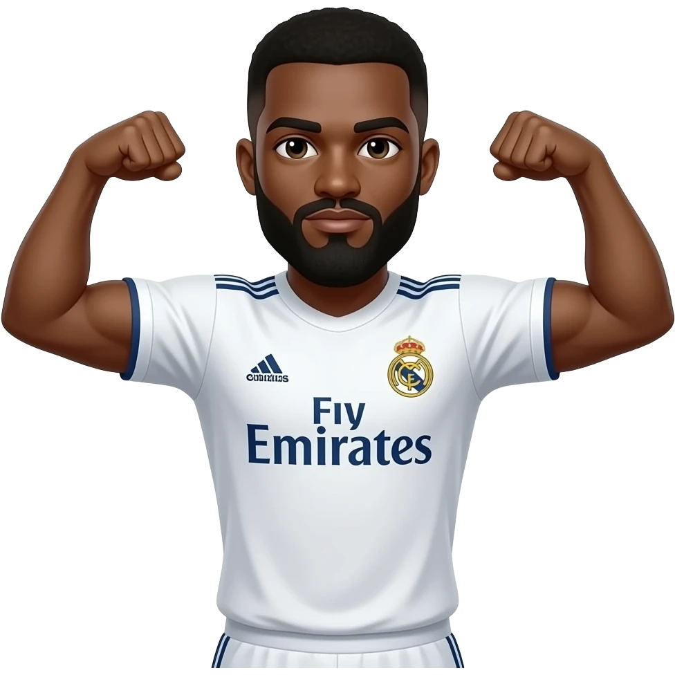 Homme noir avec un bouc, double flexion des bras, portant le troisième maillot de  Real Madrid. emoji