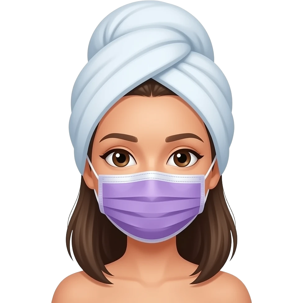 فتاة برأسها قبعة ملفوفة من الاستحمام وعلى وجهها قناع وجه للعناية لون بنفسجي emoji