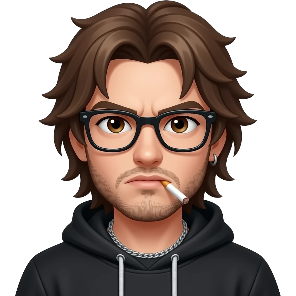 Brown hair long emo, black hoddie, angry boy,glasses, cigarett, beard, brown eyes, chain emoji