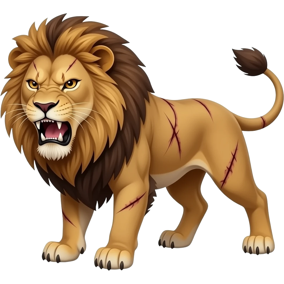 Make a angry lion with scars and roaring dangerously and closed mouth and seeing in attitude A standing emoji