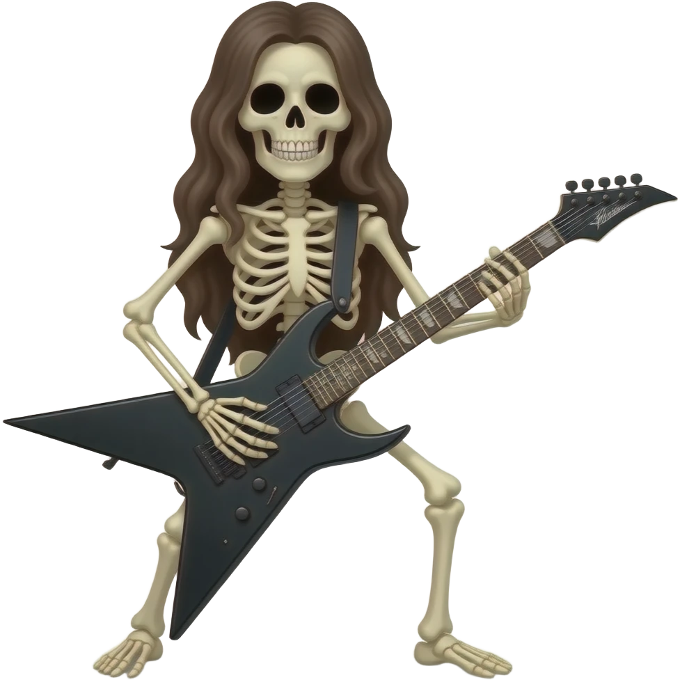 A full body long haired skeleton playing a heavy metal guitar emoji