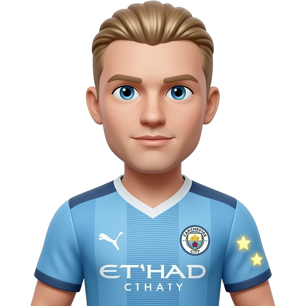 Haaland-inspired 3D emoji, full Manchester City jersey, 3 tiny glowing stars floating beside both arms. emoji