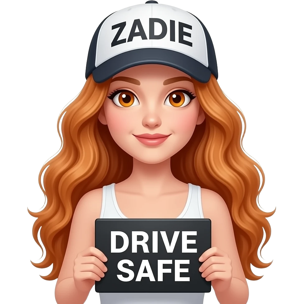 sexy girl with overlong wavy ginger hair and ginger eyes wearing a white tanktop and a hat with ZADIE written on it is holding a black sign with DRIVE SAFE written on it emoji