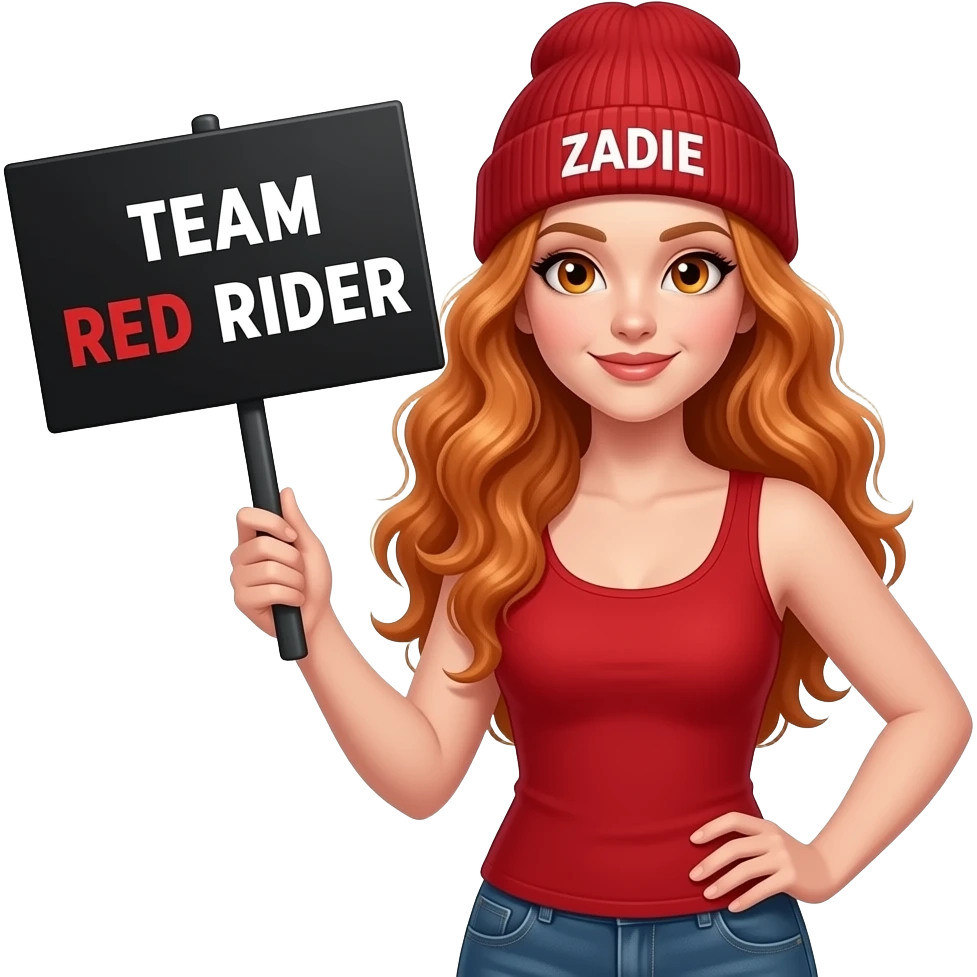 sexy girl with overlong wavy ginger hair and ginger eyes wearing a red tanktop and a red beanie with ZADIE written on it is holding a black sign with just TEAM RED RIDER on it emoji