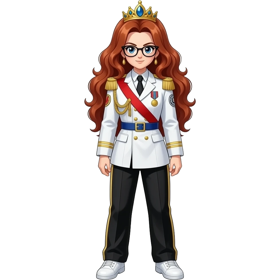 brown bushy auburn haired female android 21 from dragon ball super are wear gold tiara black glass white military tunic arm badge shoulder cord medal red sash blue belt black trouser with two side stripes white shoes to salute of black curly hair 18 yrs boy khudiram bose statue in muzaffapur bihar emoji