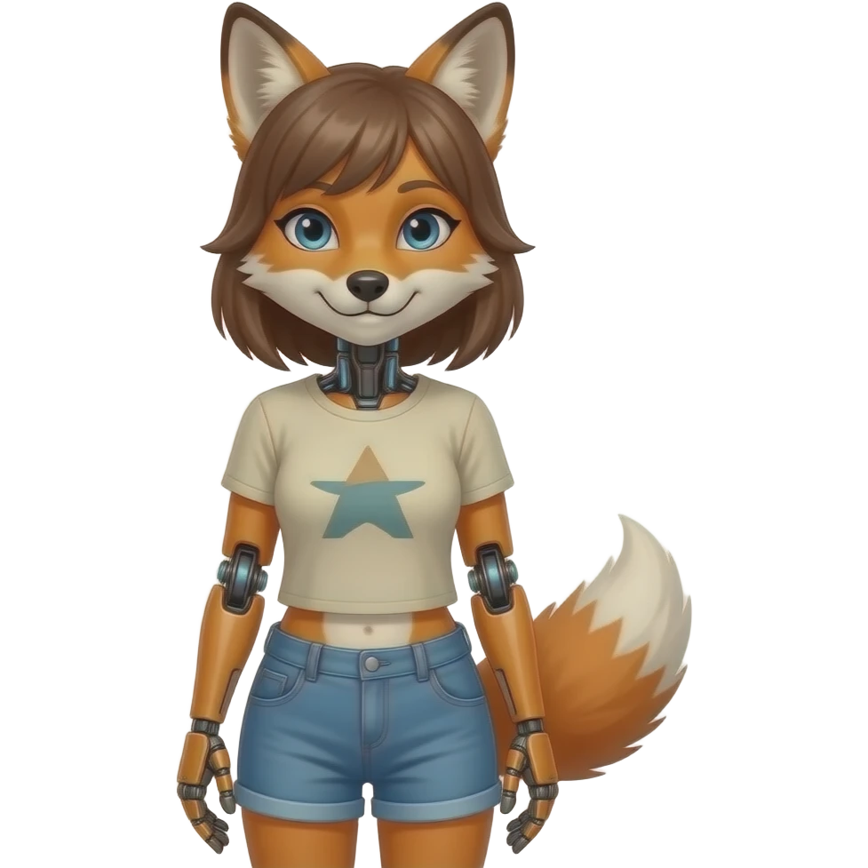 A humanoid robot female fox wearing a tee shirt and shorts emoji