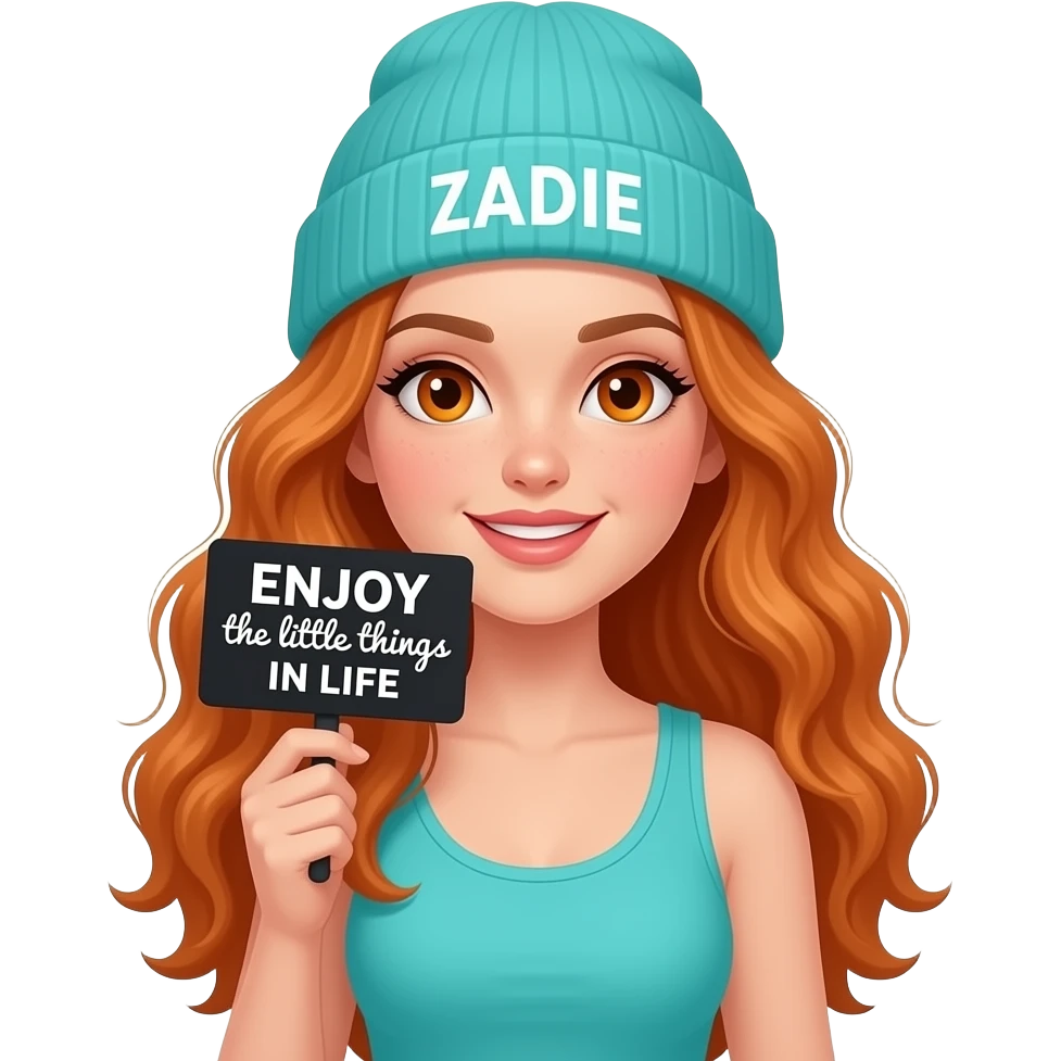 sexy girl with overlong wavy ginger hair and ginger eyes wearing a turquoise tanktop and a turquoise beanie with ZADIE written on it, is holding a black sign with ENJOY the little things IN LIFE written on it emoji