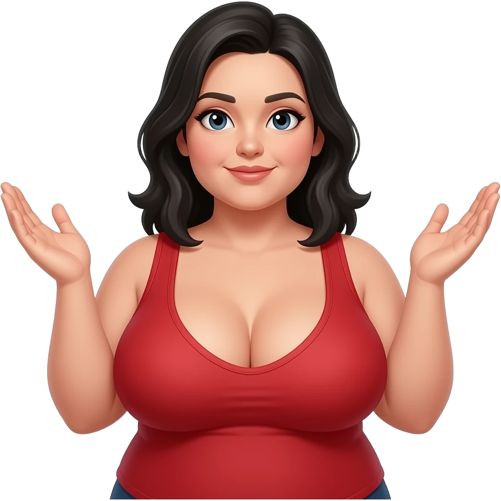 Heavyset woman with black hair and very large breasts Wearing a tight low cut red top with both hand palms upward emoji