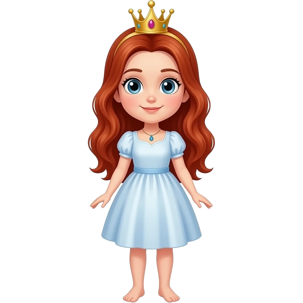 A tween girl with a crown NO dress and red ish hair full body with feet emoji