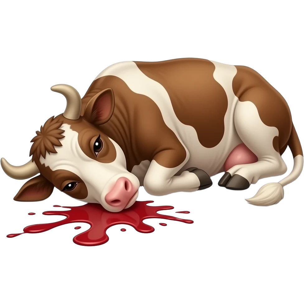 vaca muy muy flaca y delgada con equis rojas en los ojos acostada en el piso como cansada y sin vida y sangre en el piso con la vaca emoji