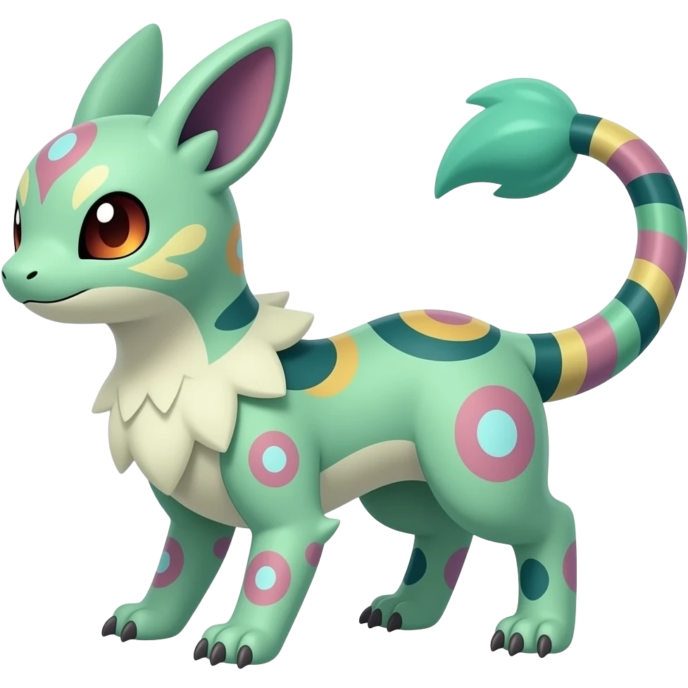 Japanese oriental asian painted Greenish beautiful handsome gorgeous aesthetic colorful vibrant Vernid-Trico-species-Fakemon-creature by LiLaiRa, 4 legs, 1 tail, random markings, (full body) emoji