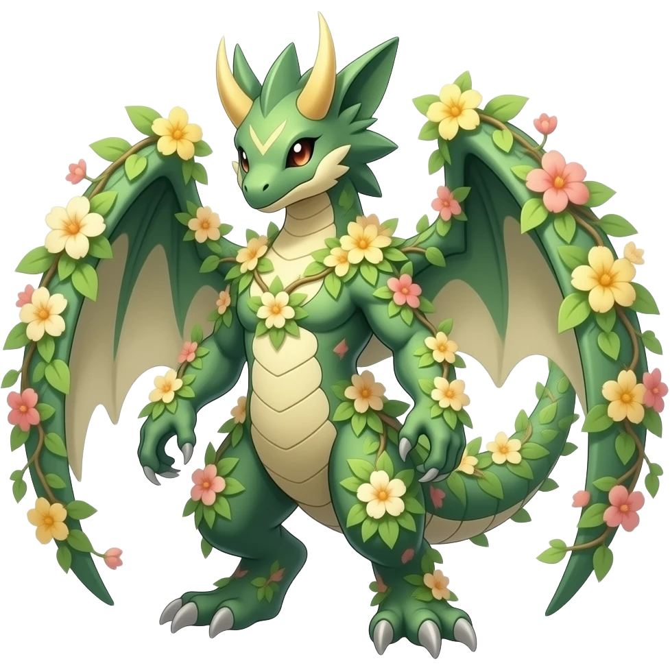 romantic floral ivy-vines-covered lush tropical Exotic greenish pastel Beige yellowish beautiful gorgeous attractive pretty Raptorik scaley feathery horned Amaura-Wargreymon-Aurorus-ExVeemon-WereGarurumon-Pokémon-Fakémon-hybrid-fusion-creature, full body emoji