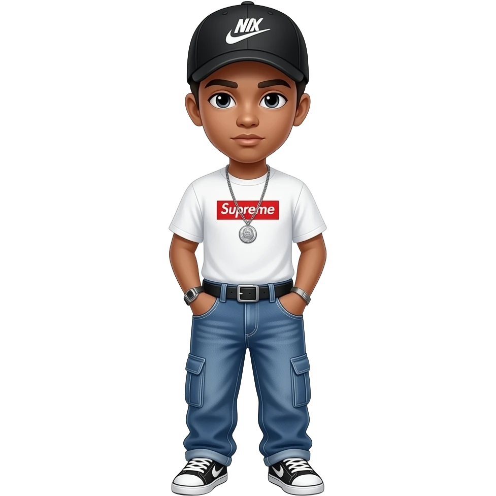 Swag boy skeleton dressed good like baggy jeans  supreme white shirt  no belt  black new era cap emoji