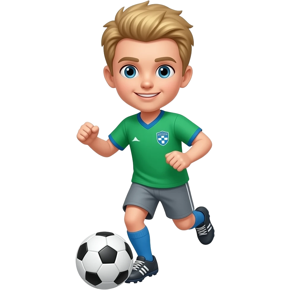 niño tes beige jugando al soccer con camiseta verde celeste y gris con zapatillas de futbol emoji