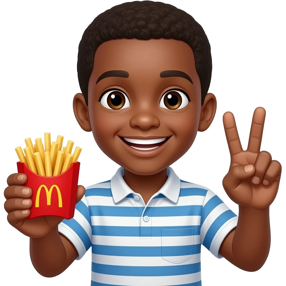 Boy emoji who’s black with mc Donald’s small fry in on hand and peace sign with other while smiling emoji