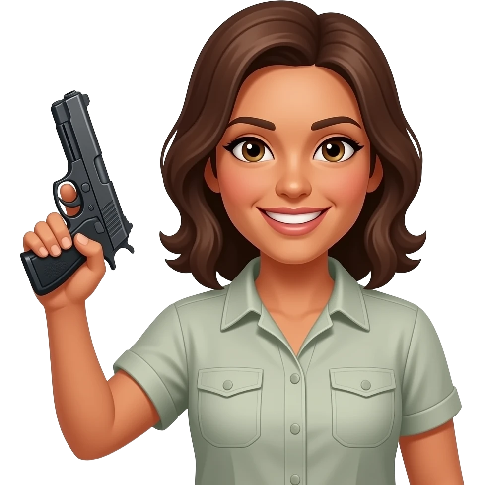 yellow female with brown hair short sleeve shirt emoji 👩🏽 smile 😃 with holding 🔫 to side of head emoji