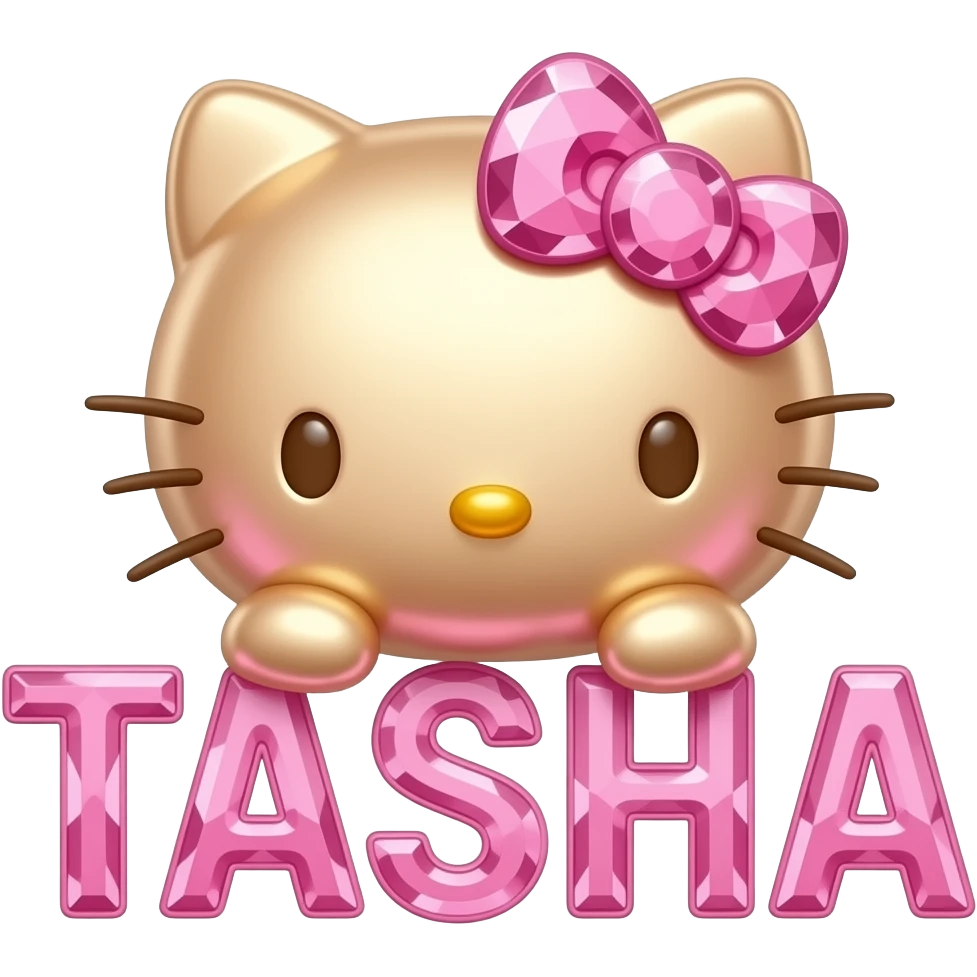 Crystal pink and gold hello Kitty head sitting on top of the letters TASHA emoji