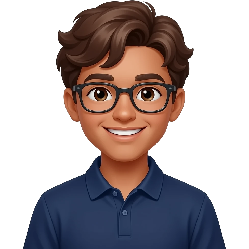14 year old Boy with brown wavy hair, glasses, brown coloured skin and a smile, navy polo shirt emoji