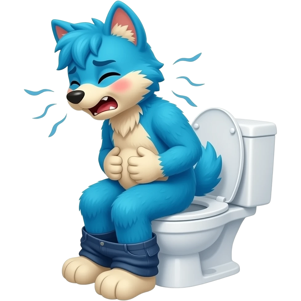 blue fursuit sitting on toilet, side view, pants down, straining face, blushing face, pain, pushing, both hands on stomach, discomfort, grunting, inside toilet see trough emoji