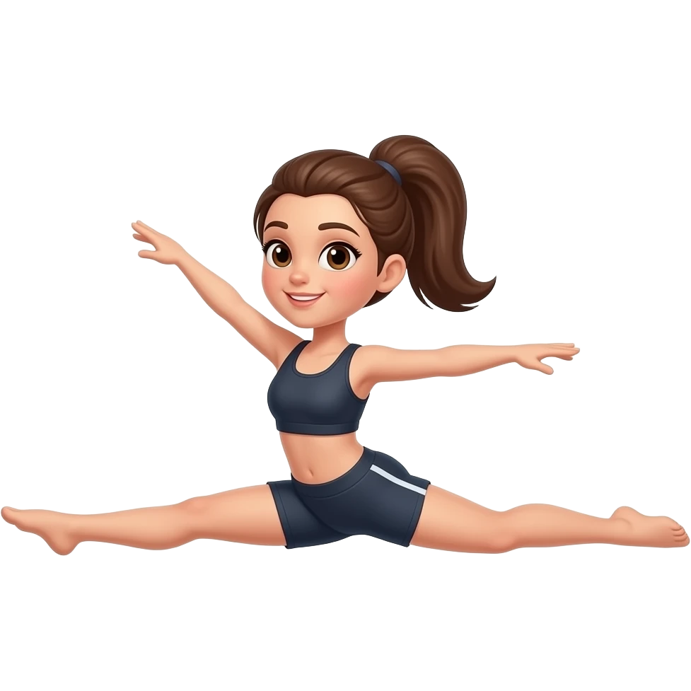Girl dancer with brown hair brown eyes in workout clothes in a ponytail doing a split jump with no shoes emoji