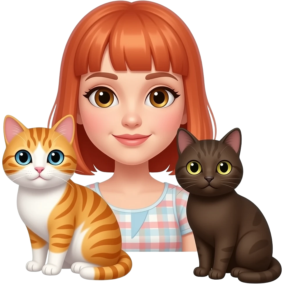 mid red/ginger hair with bangs and blonde eyebrows and brown eyes whimsical style woman with a orange striped white cat with light blue eyes and a brownish dotted black cat with yellow greenish eyes emoji