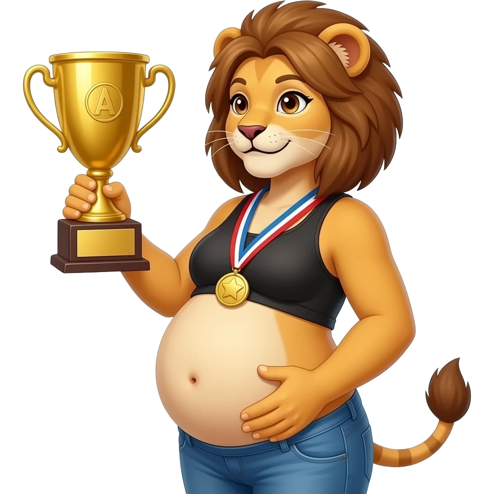 A humanoid girl lion cub,poses for the camera,have in the cutest side view of her young body,but also she is cradling and patting her rather large belly,so she is kind of fat,Bellybutton,she had just won an eating contest while gaining weight in the process,A full Tummy as an award. emoji