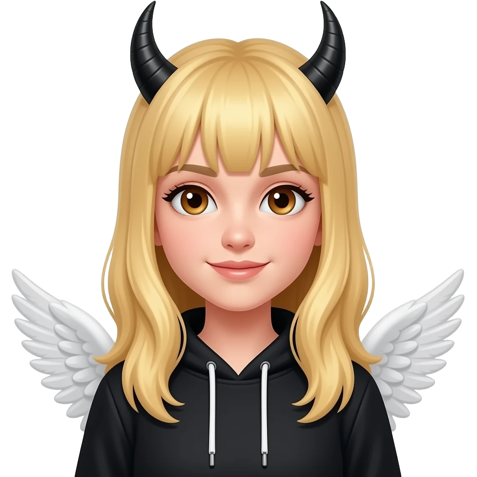 Devil horns no bangs brown eyes black hoodie angel wings emoji blonde girl emoji