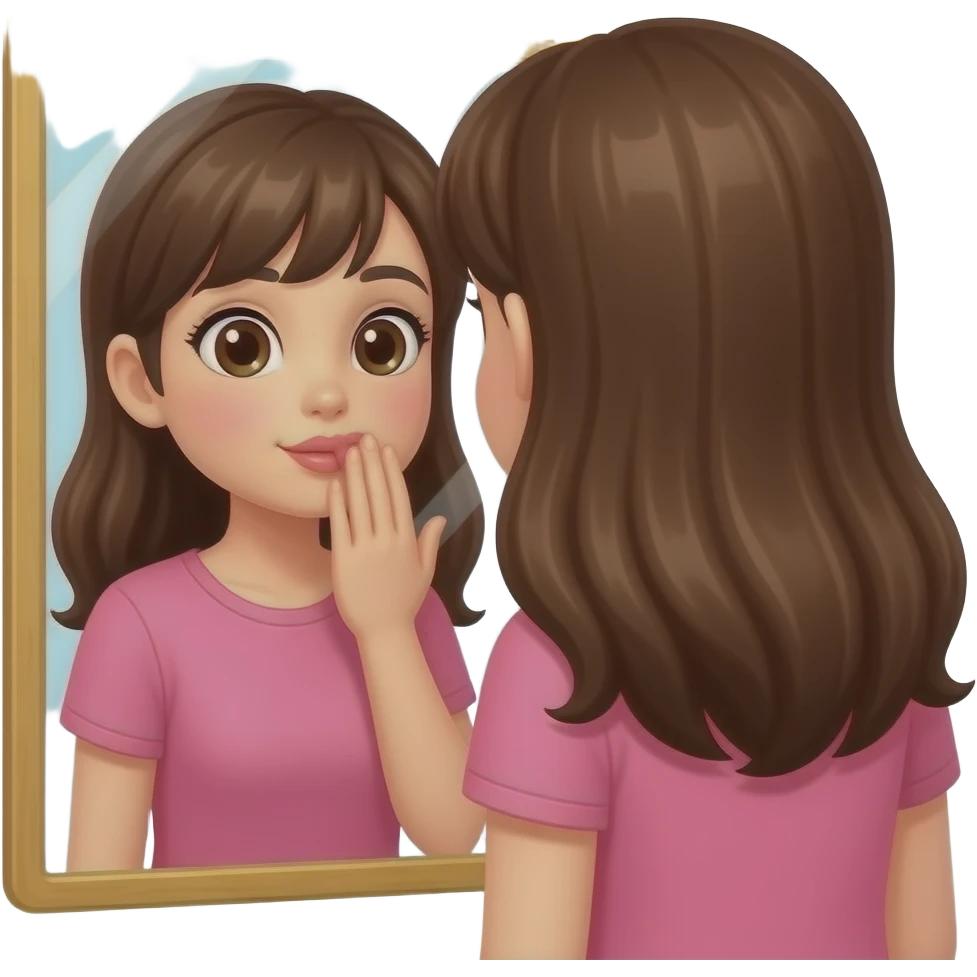 Девушка в розовом одежде смотрит в зеркало и целует свое отражение emoji