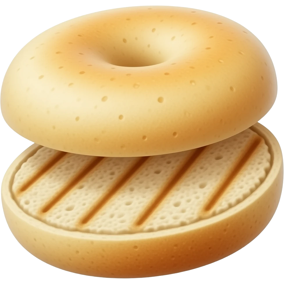 Plain toasted English muffin from the side, cut in half one sitting on top of the other really show the details of the round English muffin with the little holes in it and everything emoji