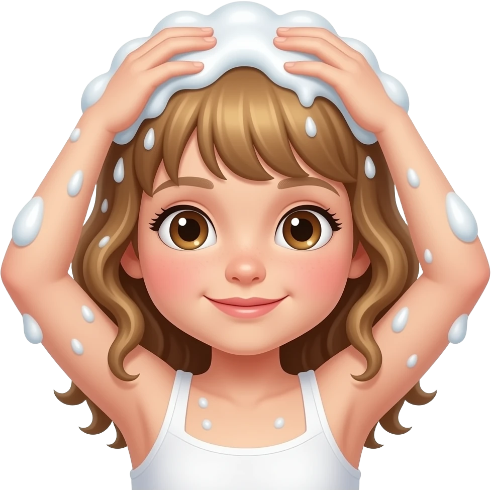 white kid  mid length hair to shoulders with bangs soft curly hair to shoulders in color: middle to little darker blond. shower her hair lather in hair with her hands emoji