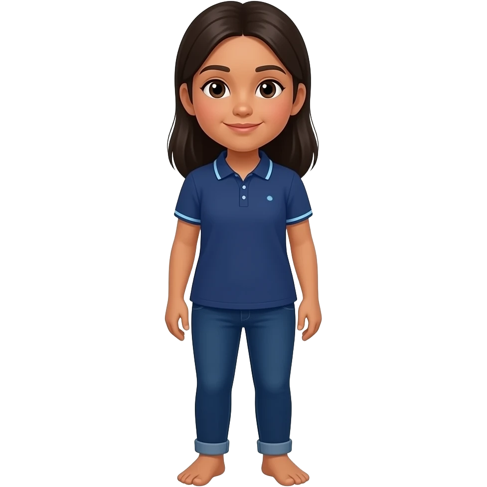 Hispanic girl with dark blue and baby blue line polo and dark blue jeans showing her feet emoji