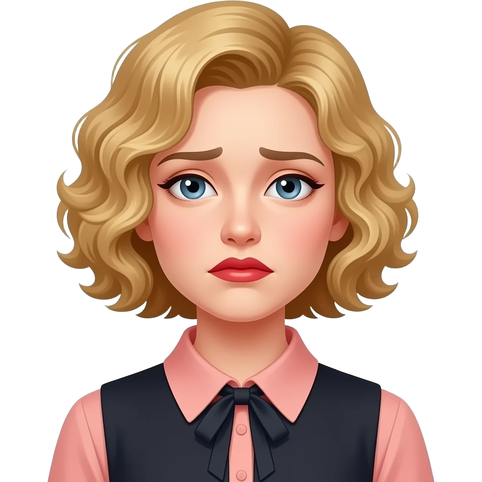 Short curly blond hair side swept with a sad face, red lipstick and peach and black blouse emoji