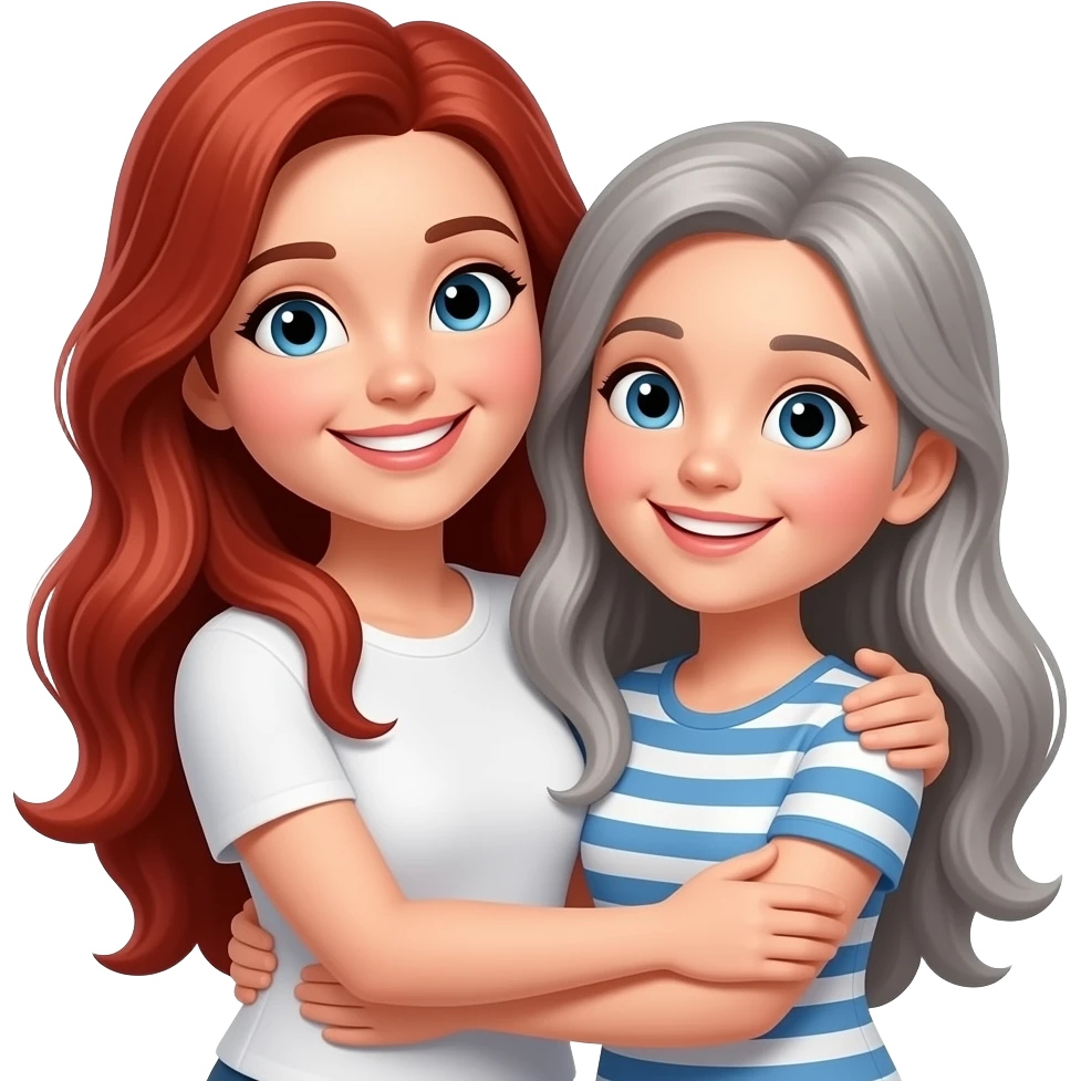 red LONG hair mother smiling with TALL grey long haired daughter smiling, hugging emoji