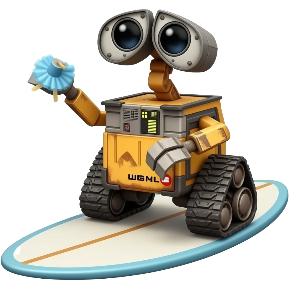 wall-e wearing a tiny tutu on a surfboard emoji