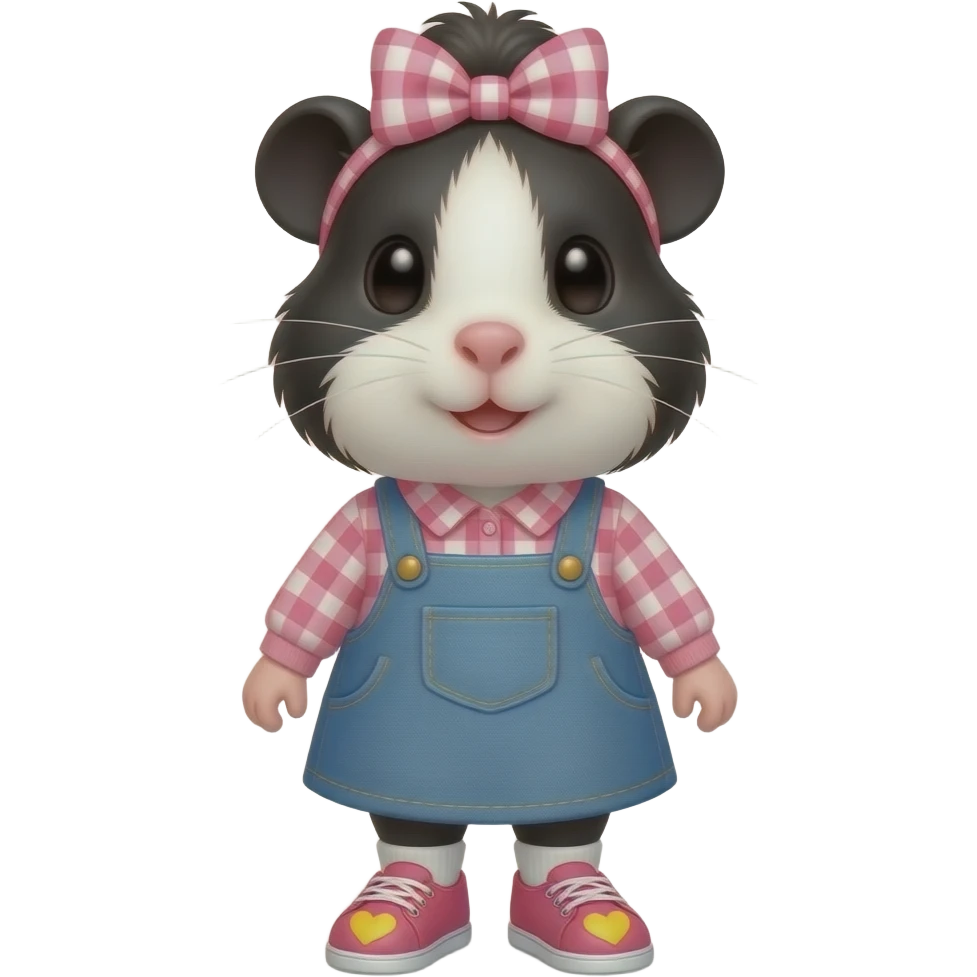 black and white guinea pig with pink long sleeve gingham shirt, jean dress, pink shoes with yellow hearts and a pink gingham bow in hair emoji