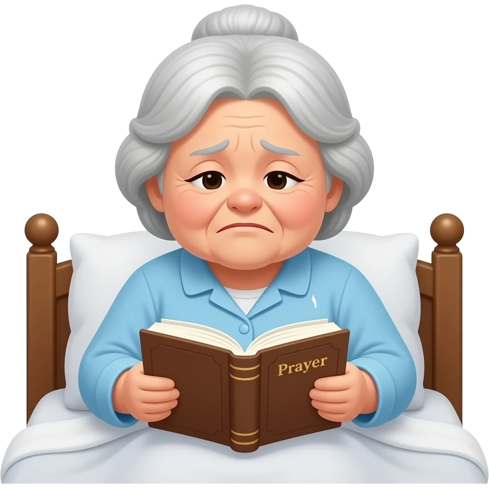 A plump, sad old lady is flipping through a prayer book in the bed emoji