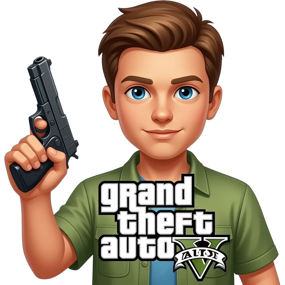 A white boy that has Light brown hair that has a gun in his hand that has A grand theft auto V sign in front emoji