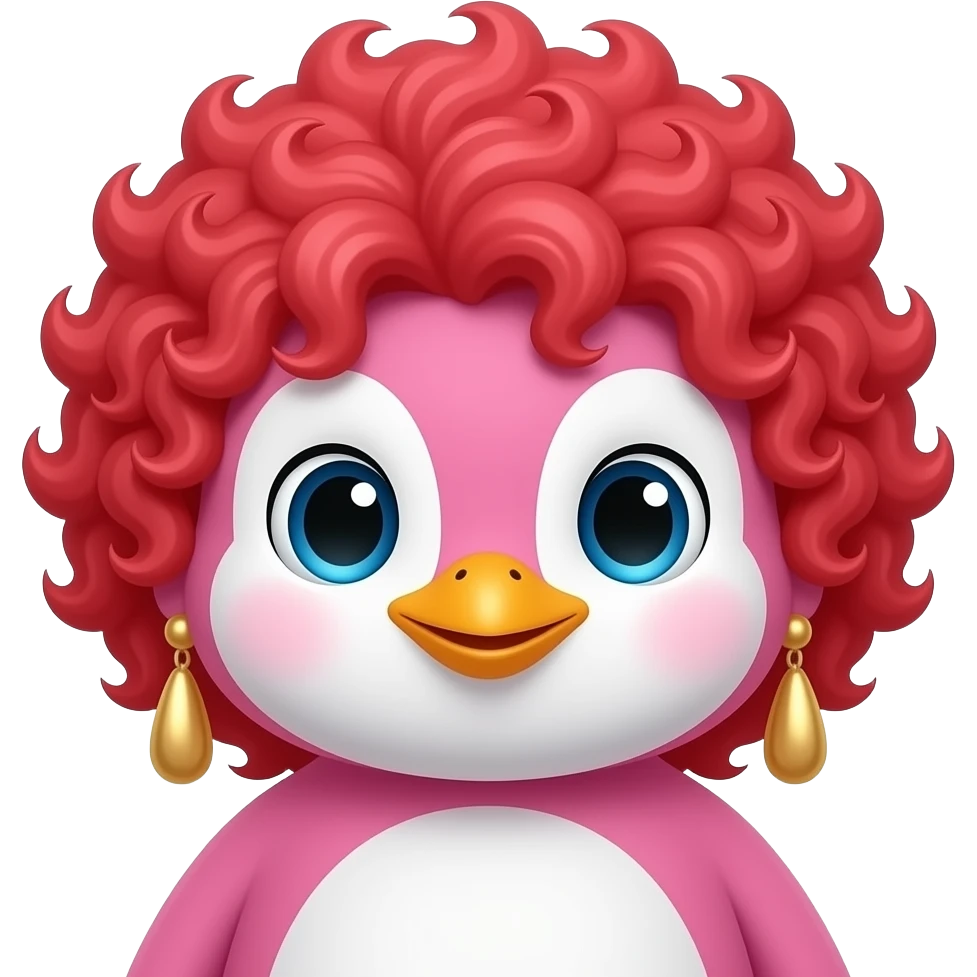 pink penguin with curly bright red hair and big earrings, just face emoji