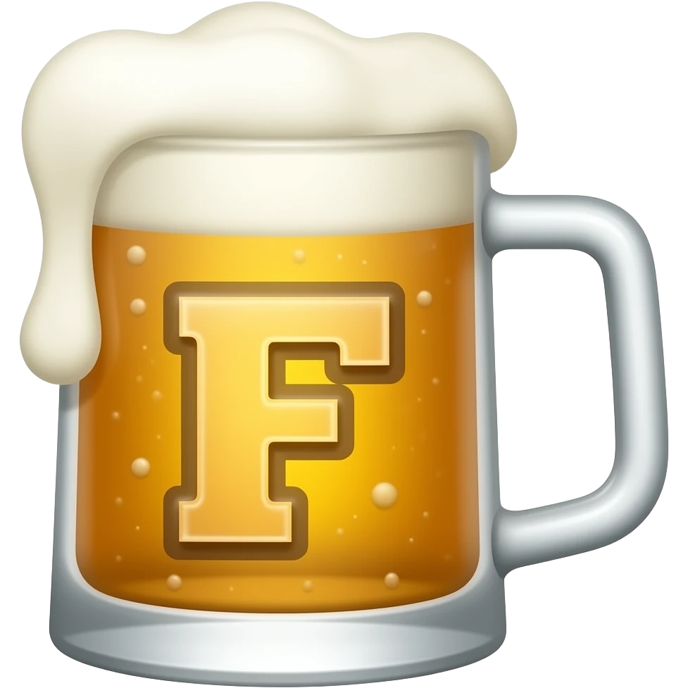 3D emoji style, glossy surface, soft shadows, white background, centered, overflowing beer mug with an "F" script style with thick rounded strokes emoji